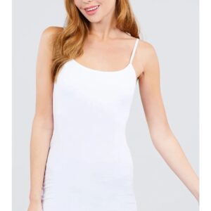 Woman wearing a white camisole tank top.