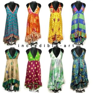 Colorful sleeveless bohemian-style dresses with V-necks and flowy designs.