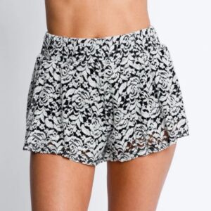 Black and white floral lace shorts with a flowy design.