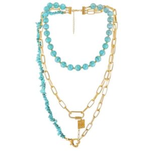 Layered turquoise and gold chain necklace with unique pendant.