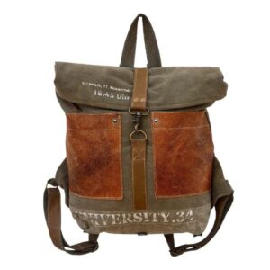 Brown leather and canvas backpack with buckle and straps.