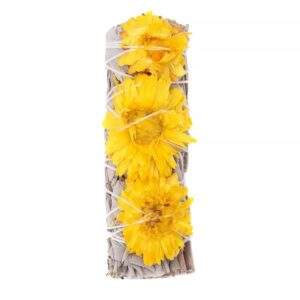 A bundle of dried yellow flowers tied together with twine.