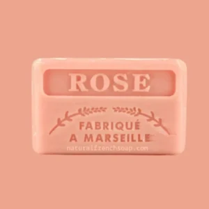Pink soap bar labeled 'ROSE' with French text.