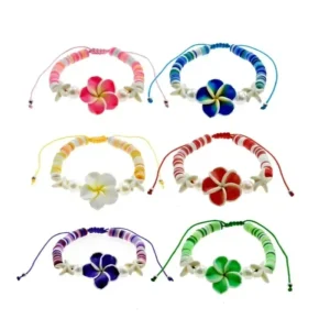 Colorful flower-themed bracelets with adjustable cords in various colors.
