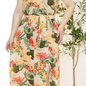 Curvy Size Boho Floral Wrap Belted Front Slit Maxi Dress