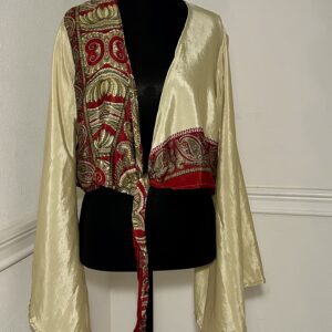Golden Paisley Vintage Silk Sari Artisan Tie- Front Kimono Top