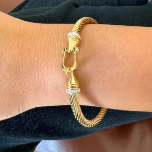 KMK Gold Cable Clasp Bangle With Cubic Zirconia Accent