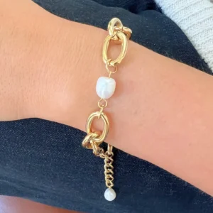 KMK Baroque Pearl Gold Oval Link Bracelet