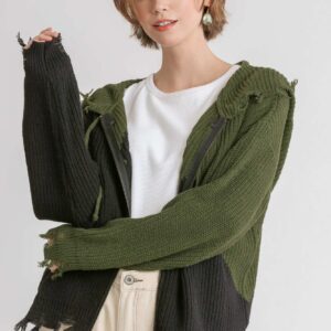 Umgee Contrast Zip Up Hooded Knit Cardigan Sweater  Olive/Black