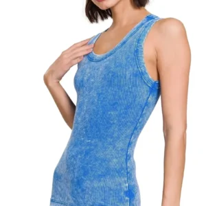 Woman wearing a blue sleeveless tank top.