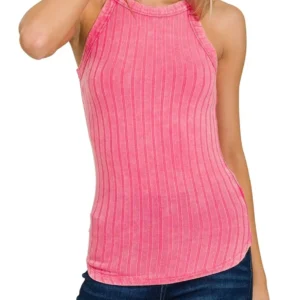 Pink sleeveless ribbed knit top paired with dark pants.