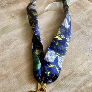 Silk Scarf Necklace with Gold Cross Pendant (Navy/Floral)