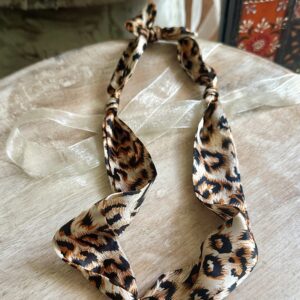 Leopard Print Silk Scarf Necklace with Gold Cross Pendant