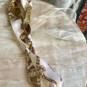 Rope Print Silk Scarf Necklace with Gold Cross Pendant 