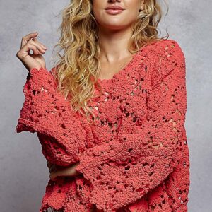 POL Apple Red Chenille Crochet Sweater