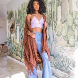 Frayed Border Bohemian Ruana Kimono Brown