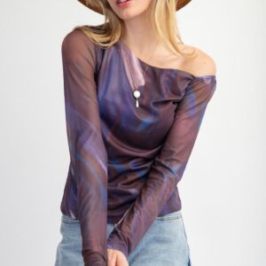 Sheer Mesh Off-Shoulder Top – Aurora Print