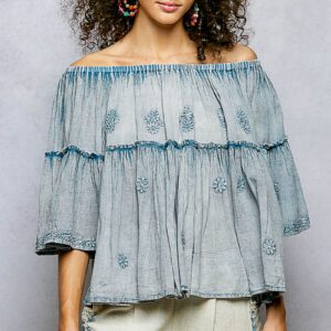 Off Shoulder Bell Sleeves Floral Embroidery Cotton Top