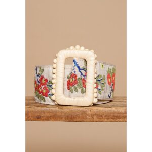 POL Texas Rose Embroidered Boho Belt – Cream & Red Floral