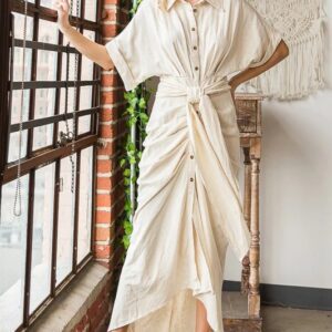 Washed Tie Waist Button Down Maxi Shirt Dress