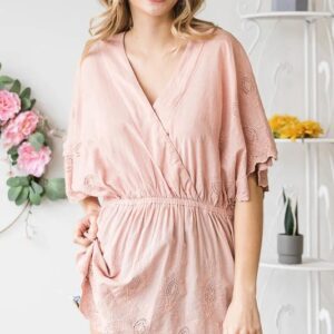 Washed Surplice Front Eyelet Hem Peplum Versatile Mini Dress or Top