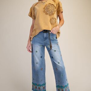 Embroidered Wide-Leg Cropped Denim Pants