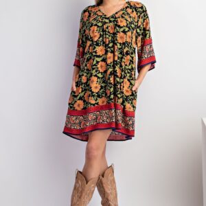 Floral Border Print Swing Dress