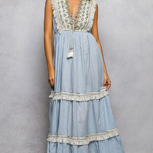 Deep V Maxi Dress | Tassel Tie Ruffle Hem Dress | Bohemian Cotton Maxi