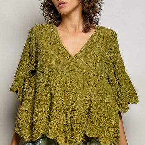 Embroidered Herb Green Boho Top