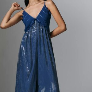 Maeve Fluid Shine Ruffle Crop Jumpsuit – Deep Blue Sequin