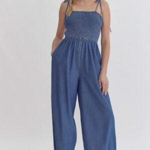 💙 Denim Smocked Wide-Leg Jumpsuit