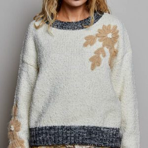 POL Floral Appliqué Contrast Knit Sweater