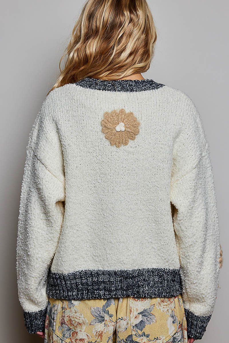 POL Floral Appliqué Contrast Knit Sweater - Image 4
