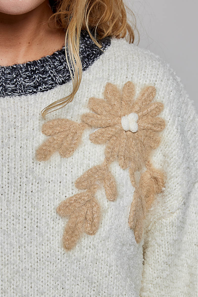 POL Floral Appliqué Contrast Knit Sweater - Image 5