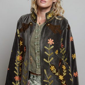POL Embroidered Velvet Cactus Floral Jacket-Charcoal Boho Western