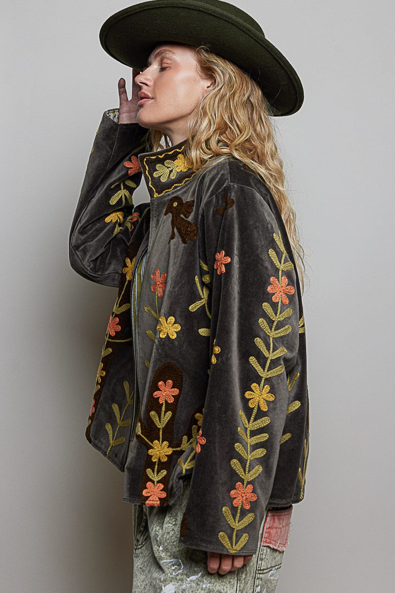 POL Embroidered Velvet Cactus Floral Jacket-Charcoal Boho Western - Image 2
