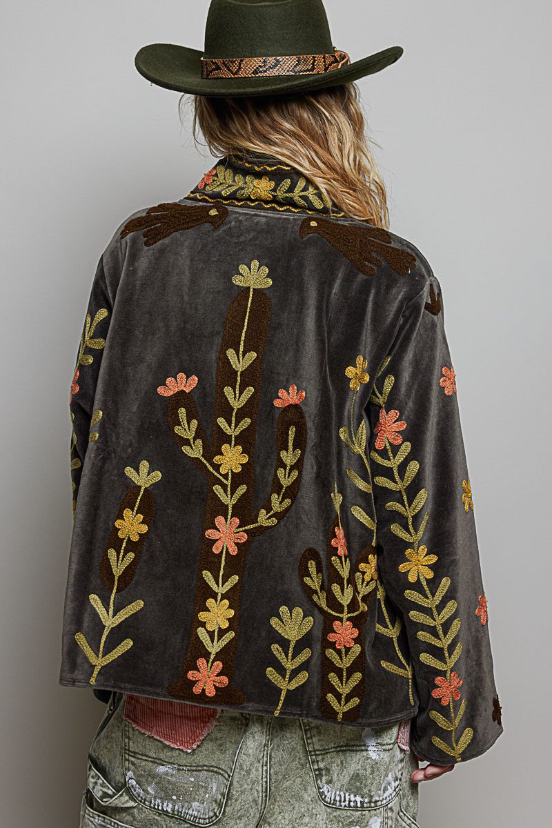 POL Embroidered Velvet Cactus Floral Jacket-Charcoal Boho Western - Image 3