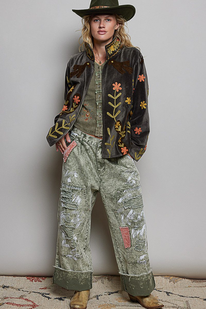 POL Embroidered Velvet Cactus Floral Jacket-Charcoal Boho Western - Image 4