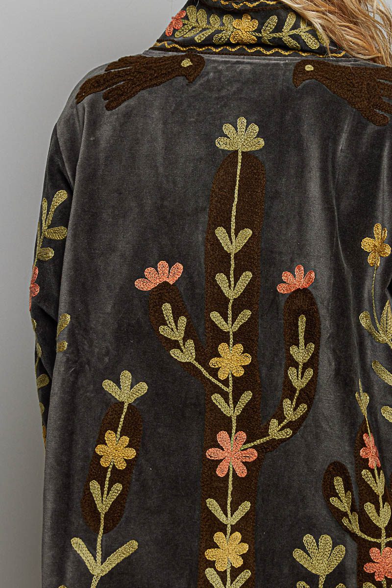 POL Embroidered Velvet Cactus Floral Jacket-Charcoal Boho Western - Image 5