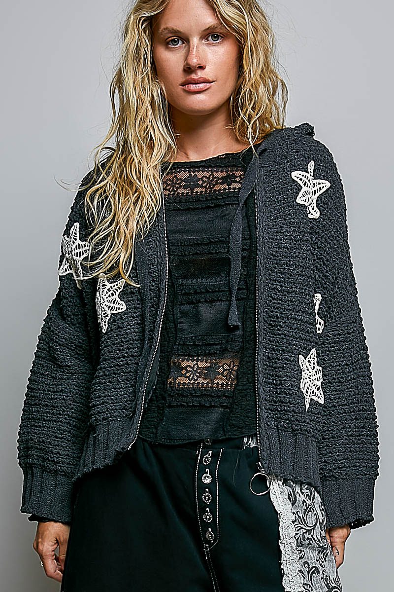 POL Charcoal Crochet Star Zip Hoodie - Image 2
