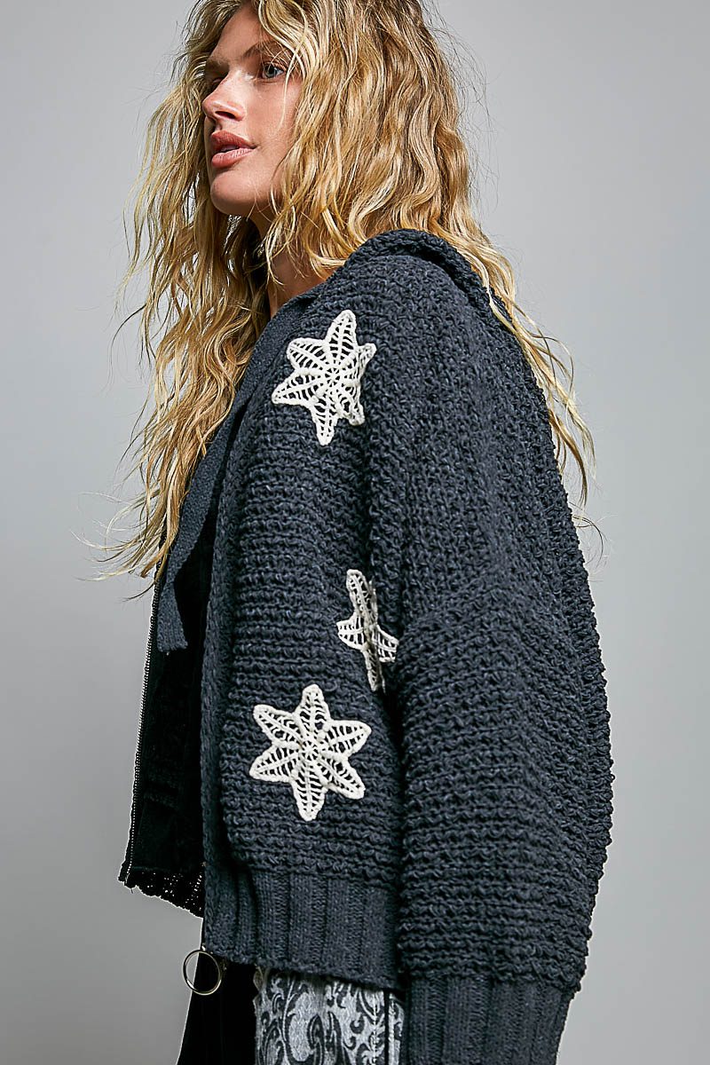 POL Charcoal Crochet Star Zip Hoodie - Image 3