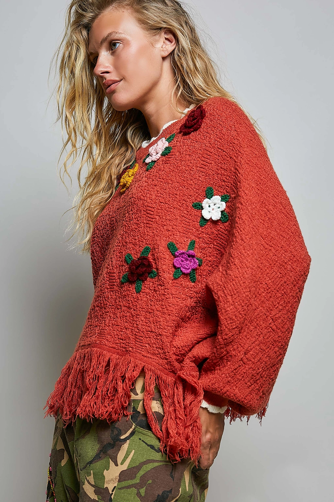 POL Brick Floral Appliqué Fringe Sweater - Image 2