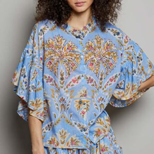 POL Blue Multi Floral Hand-Beaded Woven Top – Boho Button Front Blouse